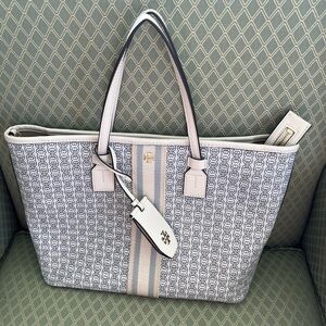 Tory Burch Patterned Tote in Blue and Cream